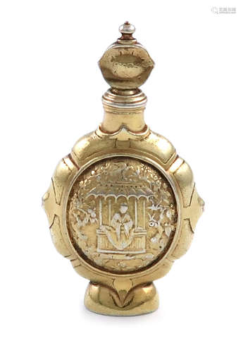 A William III silver-gilt scent flask, by Pierre Labrosse, London circa 1700, flattened baluster