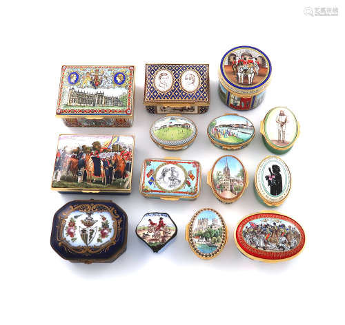 A collection of modern Halcyon Days enamelled boxes, comprising: one celebrating the 150th