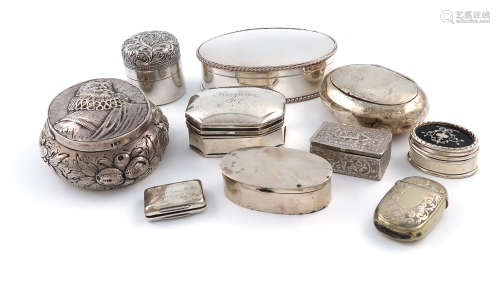 λA mixed lot of silver boxes, various dates and makers, comprising: a late Victorian box, of oval
