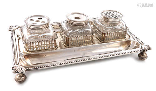 A George III silver inkstand, by Aldridge and Green, London 1774, rectangular form, foliate and