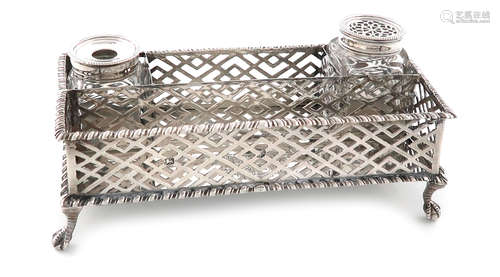 A George III silver inkwell, by Samuel Herbert & Co, London 1765, rectangular form, the gallery