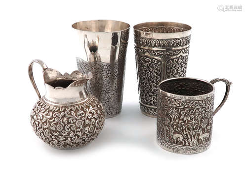 A small collection of Indian silver, comprising: a Kashmiri goblet of tapering circular form, chased