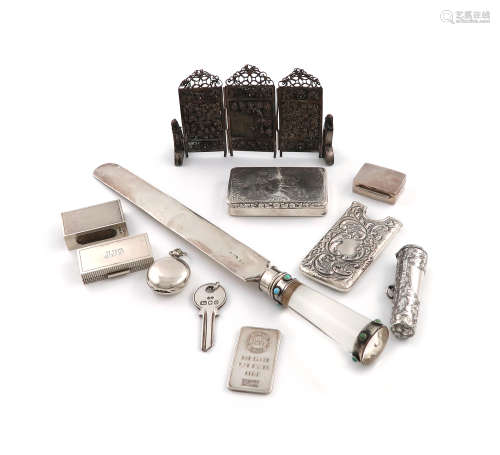 A mixed lot of silver items, various dates and makers, comprising: a silver and glass handled