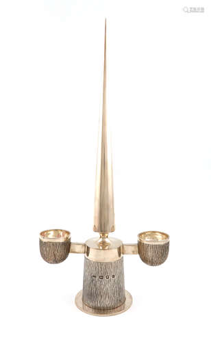 By Gerald Benney, a modern silver two-light candelabrum, London 1973, central tapering pricket, with