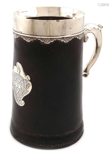 An 18th century silver-mounted leather mug, maker's mark only, that of IP, circa 1750, tapering