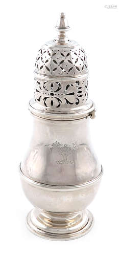 A Queen Anne silver sugar caster, by Thomas Farren, London 1710, baluster form, central girdle,