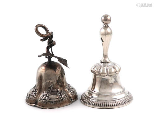 Two 19th century Dutch silver table bells, one 1845, conventional form, gadrooned border,