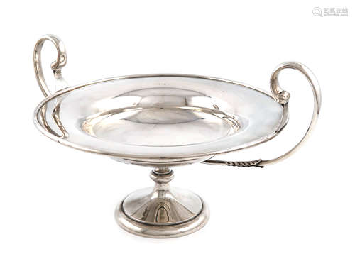 An Edwardian silver two-handled tazza, by Elkington and Co., London 1908, circular form, leaf capped