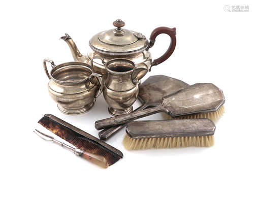 λA mixed lot, comprising a three-piece silver tea set, by the Adie Brothers, Birmingham 1913,