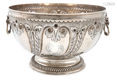 A Queen Anne silver two-handled bowl, by Robert Timbrell, London 1702, circular form, mask capped