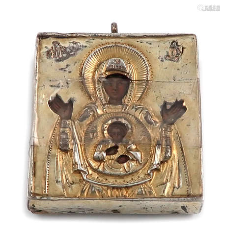 A small 19th century silver-gilt covered icon, unmarked probably Russian, also with a French