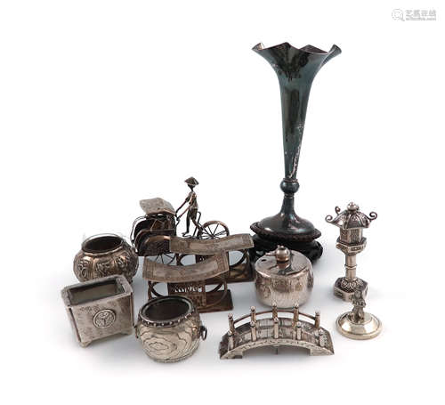 A mixed lot of Chinese silver items, comprising: a Chinaman riding a rickshaw (one wheel damaged), a