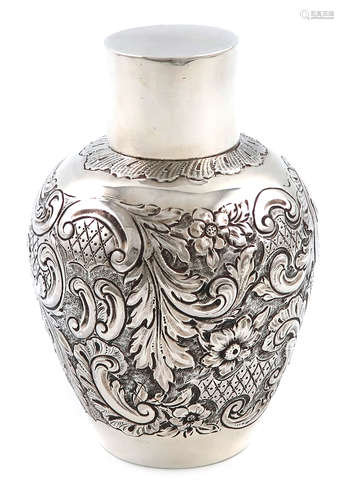 A silver tea canister, by Hunt and Roskell, London 1934, tapering baluster form, embossed with