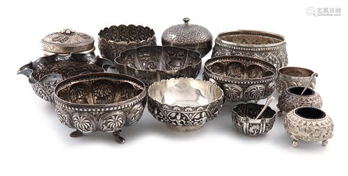 A collection of Indian and Southeast Asian silver and metalware items, comprising: a bowl and