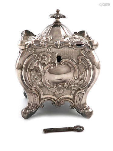 A late-Victorian silver tea caddy, by Jenkins & Timm, Sheffield 1894, square bombé form, embossed