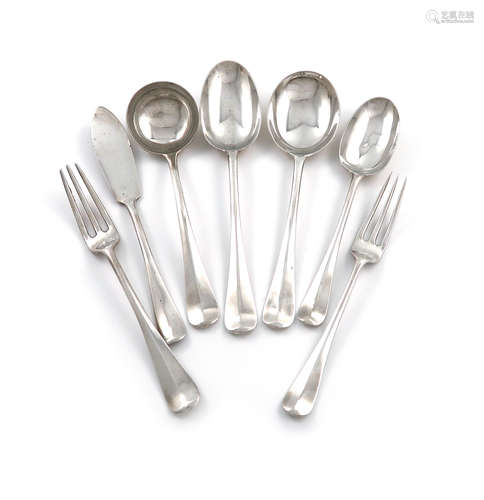 A part canteen of silver Rat-tail pattern flatware, by Richard Burbridge, (Harrods), London 1929,