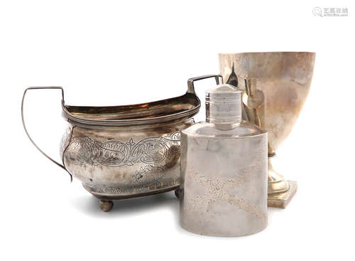 A small mixed lot of silver items, comprising: a 19th century continental tea caddy, unmarked,