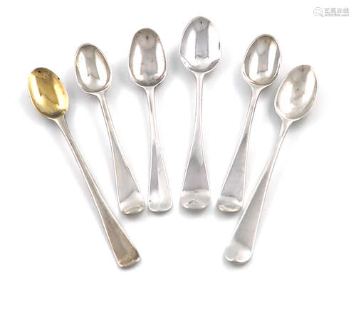 A small collection of six George II silver Hanoverian pattern snuff or toy spoons, including: one by