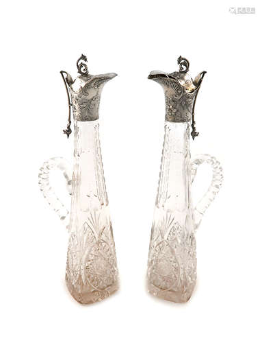 A pair of Portuguese silver-mounted liqueur decanters, Oporto circa 1900, tapering rounded square