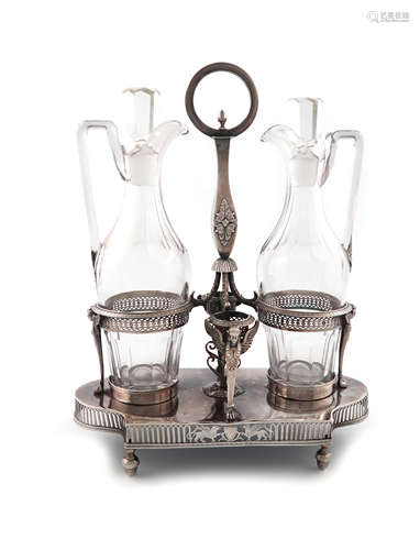 A late 18th / early 19th century French silver two bottle oil and vinegar frame, by Ambroise