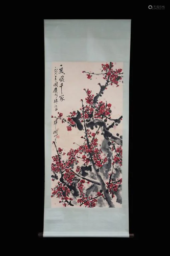 Chinese Ink Color Scroll Painting w Calligraphy