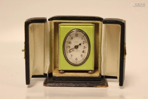 Silver and Enamel Miniature Clock w Case