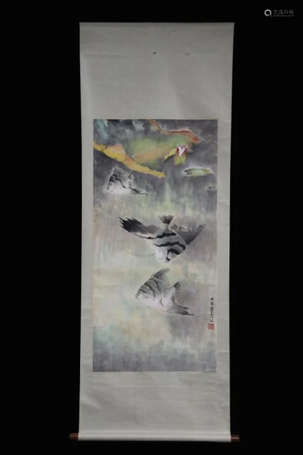 Chinese Ink Color Scroll Painting w Calligraphy