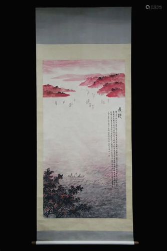 Chinese Ink Color Scroll Painting w Calligraphy