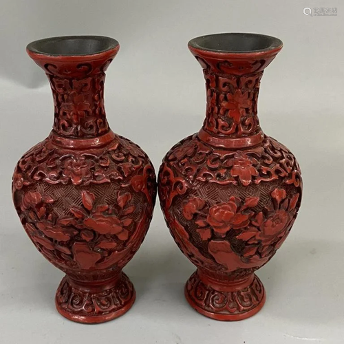 Pair of Chinese Red Cinnabar Vase