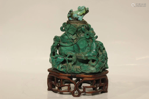 19th.C Malachite Carving w Turquoise Top