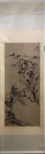 Chinese Ink Color Scroll Painting w Calligraphy