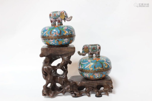 Two Chinese Cloisonne Round Music Box w Stand