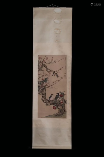 Chinese Ink Color Scroll Painting, Brids and Tree