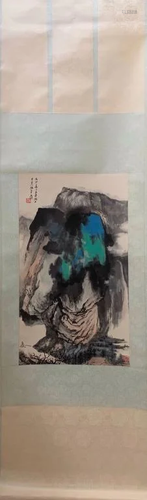 Chinese Ink Color Scroll Painting w Calligraphy