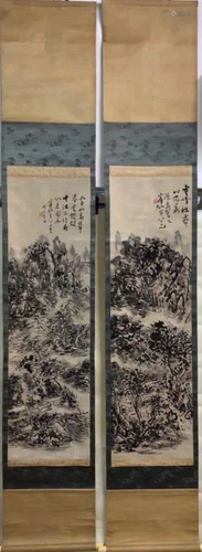 Pair of Chinese Ink Color Scroll Painting