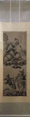 Chinese Ink Color Scroll Painting w Calligraphy