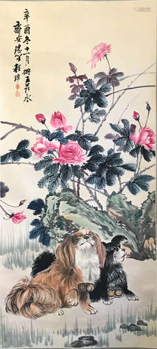 A Chinese Monthly rose and Dogs Painting