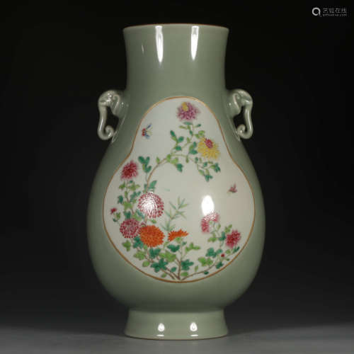 A Chinese Famille Rose Pea Green Glazed Floral Porcelain Double Ears Zun