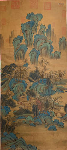 A Chinese Landscape Painting Silk Scroll, Qiu Ying Mark