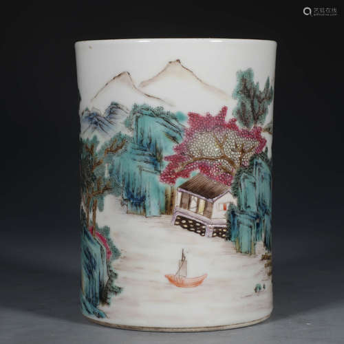 A Chinese Famille Rose Landscape Painted Porcelain Brush Pot