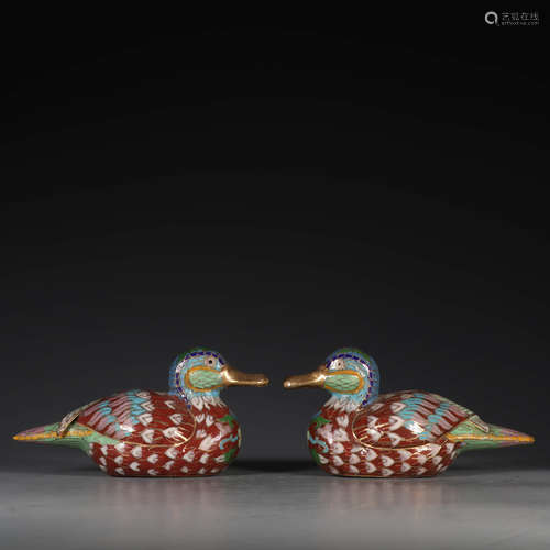 A Pair of Chinese Imitation Copper filigree Porcelain Mandarin duck Ornaments