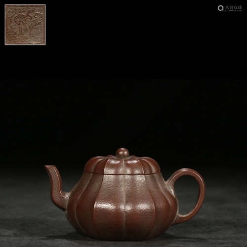 A Chinese Melon Shaped Purple Sand Pot