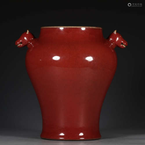 A Chinese Altar Red Beast Ears Porcelain Jar