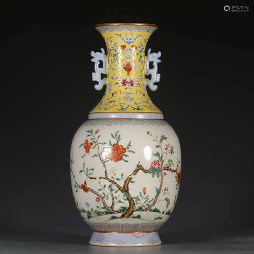 A Chinese Famille Rose Floral Porcelain Double Ears Vase