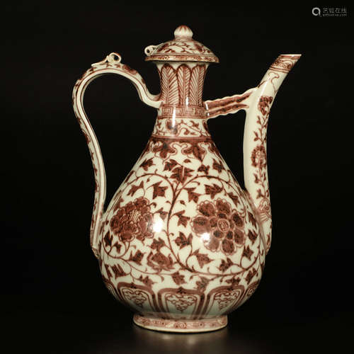 A Chinese Underglazed Red Peony Floral Porcelain Pot