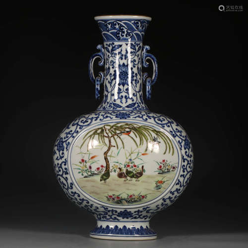 A Chinese Blue and White Painted Porcelain Double Ears Vase