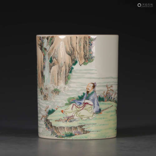 A Chinese Famille Rose Figure Painted Porcelain Brush Pot