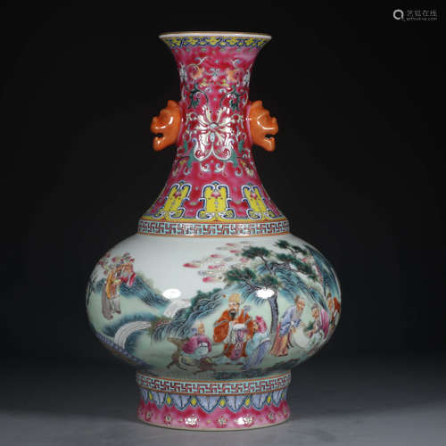 A Chinese Famille Rose Gilt-inlaid Figures Painted Porcelain Vase