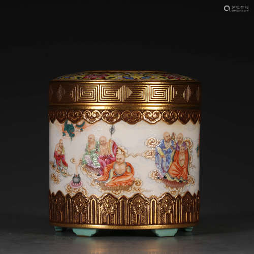 A Chinese Famille Rose Gild Eighteen Arhats Painted Porcelain Jar with Cover