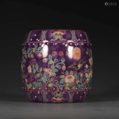 A Chinese Purple Ground Floral Porcelain Drum-Shaped Stool